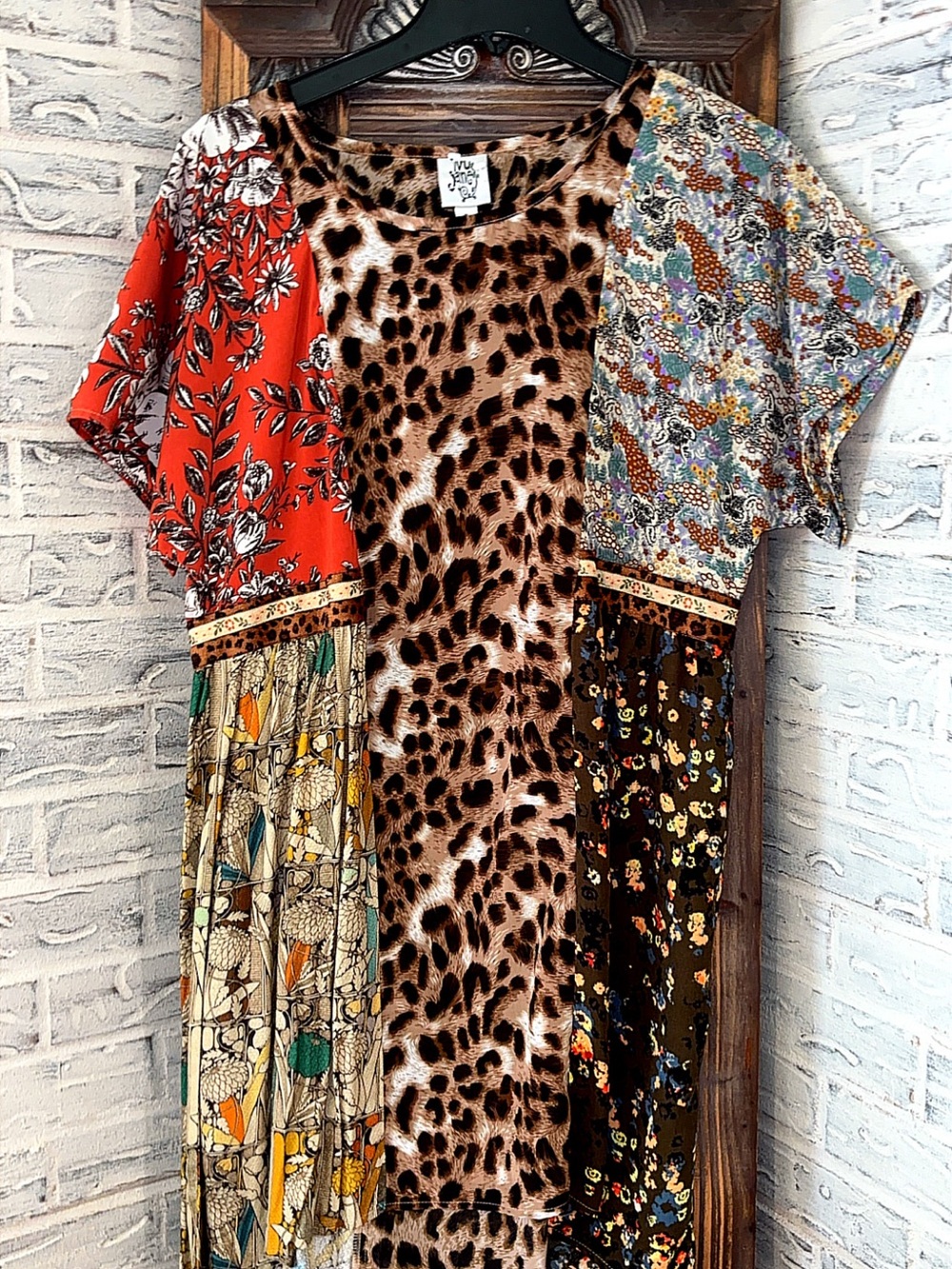 Mixed Print Patchwork Dress with Leopard Center
